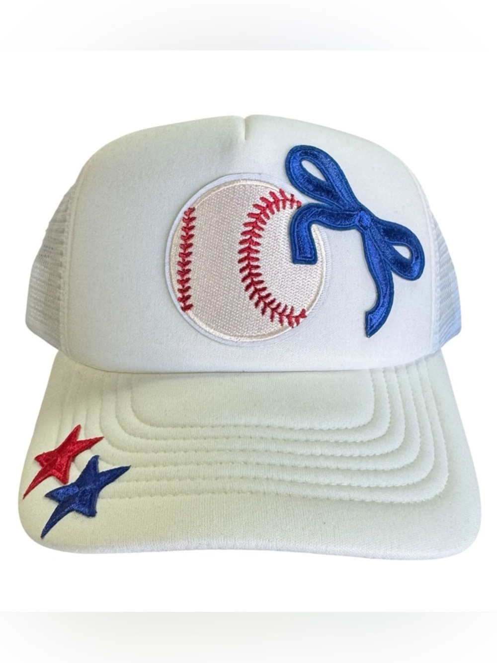 White Baseball Patch Truckers Hat with Blue Bow Accent